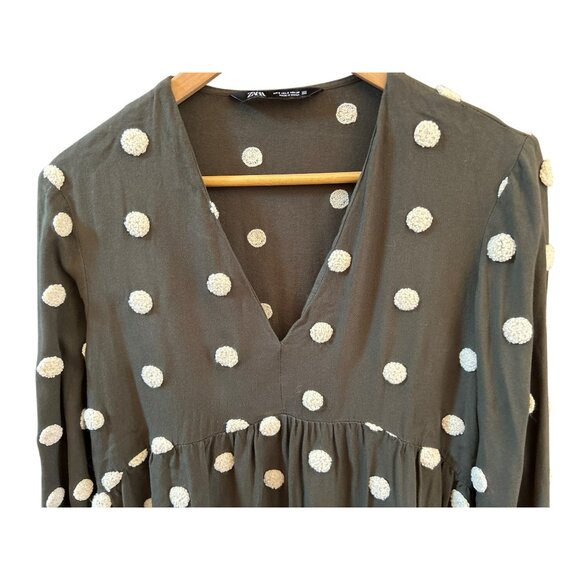Zara Womens Green White Whimsical Polka Dot Baby Doll Tiered Mini Dress Small 3D - Picture 2 of 6